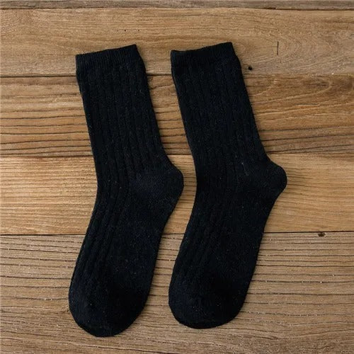 CHAOZHU Thicken Warm Merino Wool Classic Solid Colors Rib Socks Women High Quality Loose Crew Fashion Japanese Korea Sock Winter