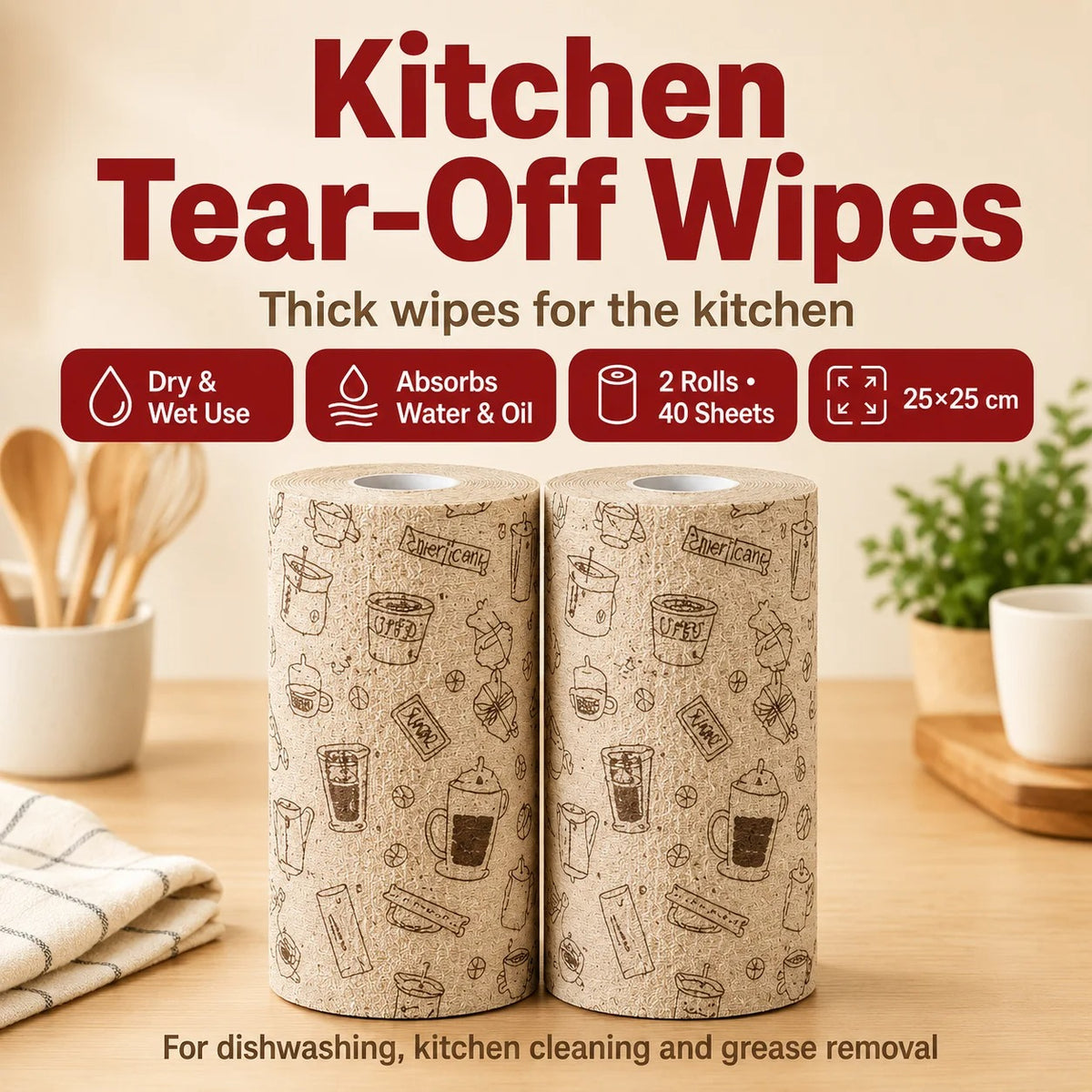 1/2/3 Roll Thick Disposable Kitchen Dish Cloth Roll Oil-Free Absorbent Tear-Off Cleaning Towels 20 Sheets 25x25cm for Home