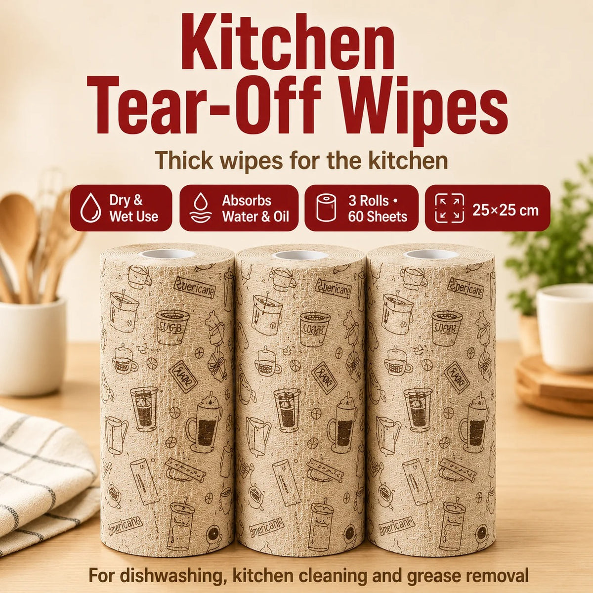 1/2/3 Roll Thick Disposable Kitchen Dish Cloth Roll Oil-Free Absorbent Tear-Off Cleaning Towels 20 Sheets 25x25cm for Home